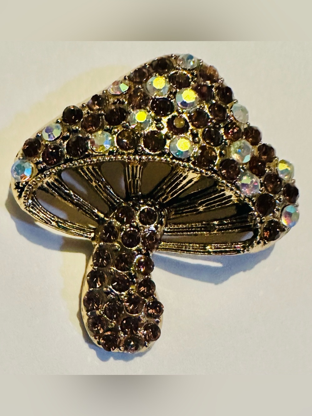 Gold-Tone Purple and Iridescent Crystal Mushroom Brooch